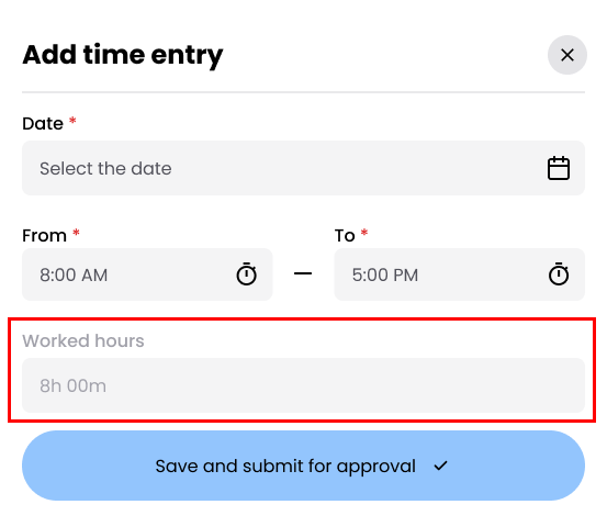 Worked Hours field displaying calculated hours