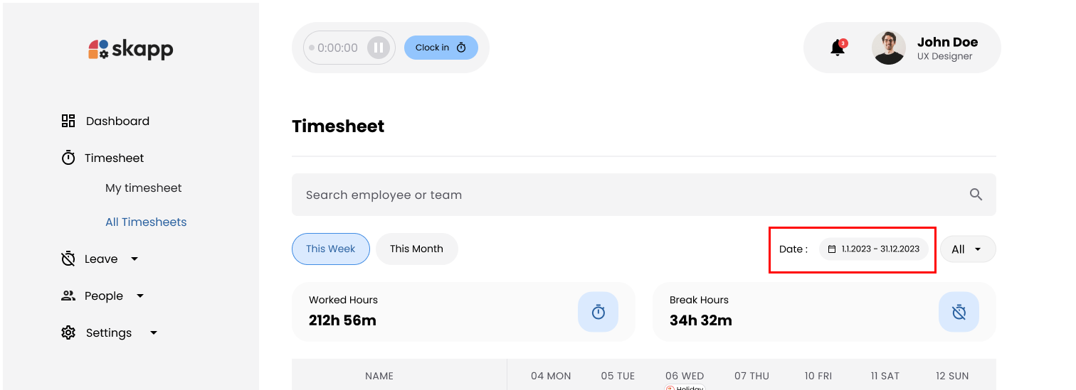 Date filter options on All Timesheets page