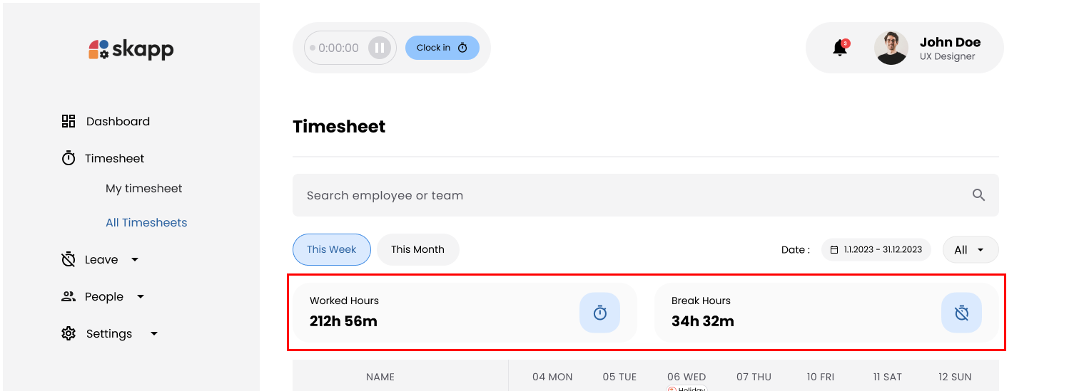 Highlight cards showing Work Hours and Break Hours