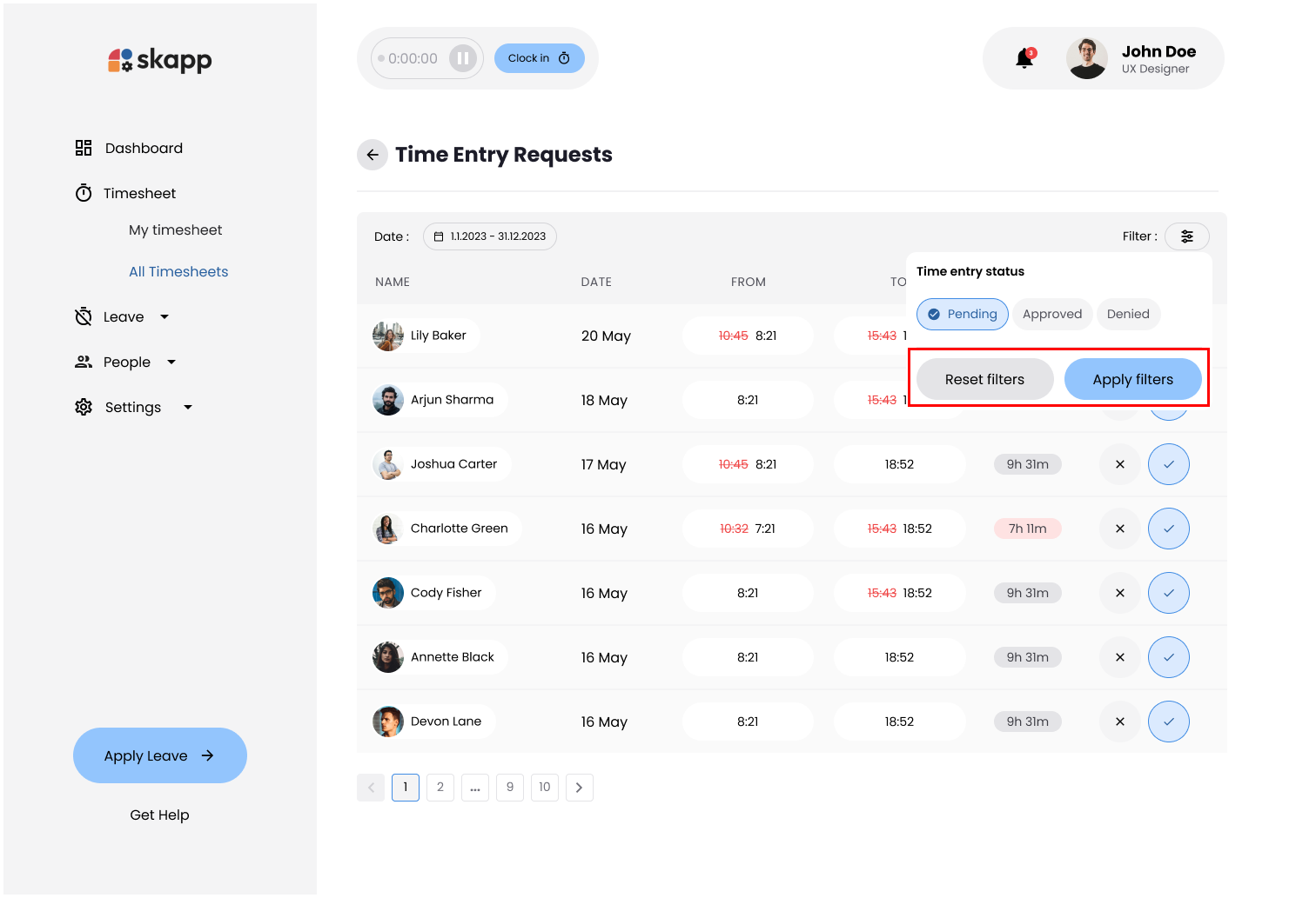 Filter options and Apply/Reset buttons