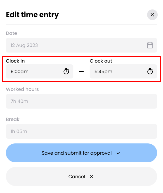 Time adjustment in Edit Time Entry modal