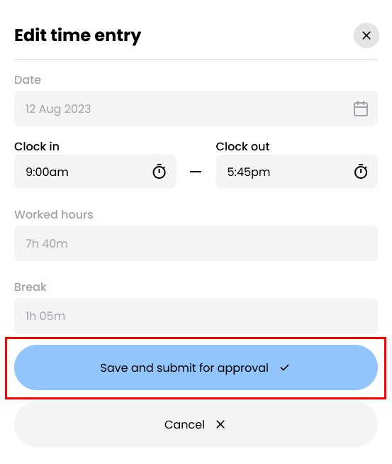 Save and Submit for Approval button in Edit Time Entry modal