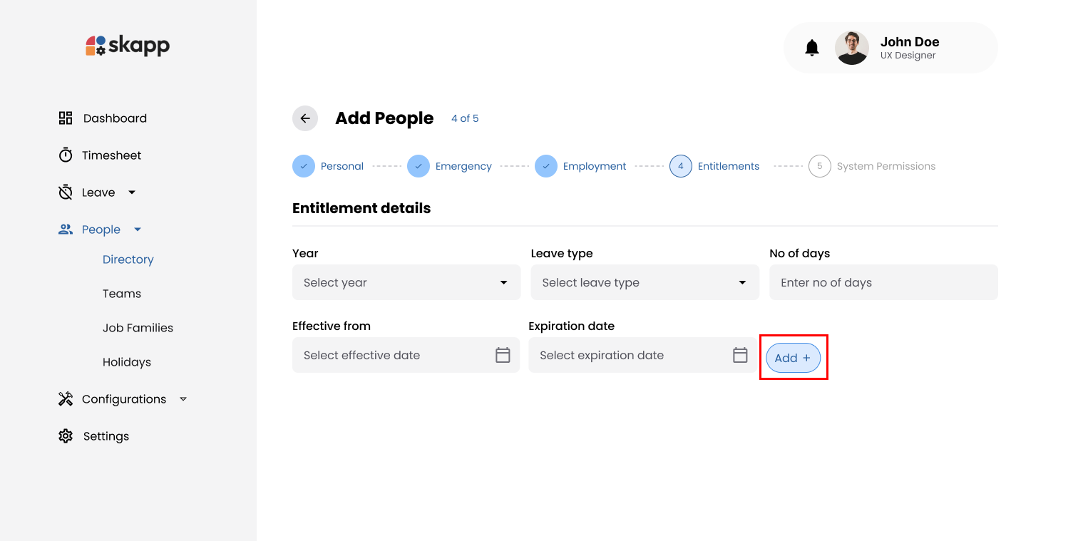 Entitlement Details Section Add Button