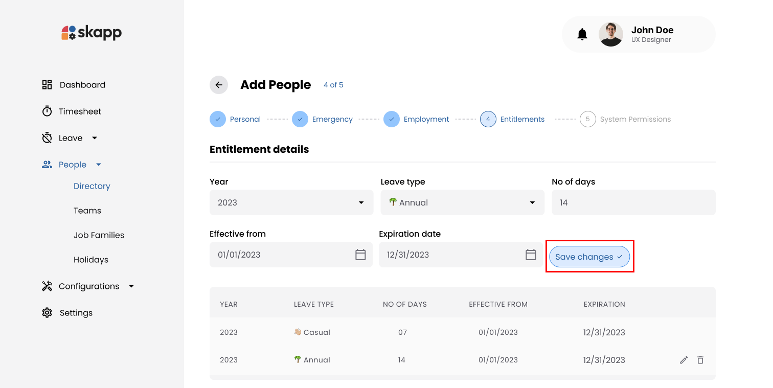 Entitlement Details Section Save Button