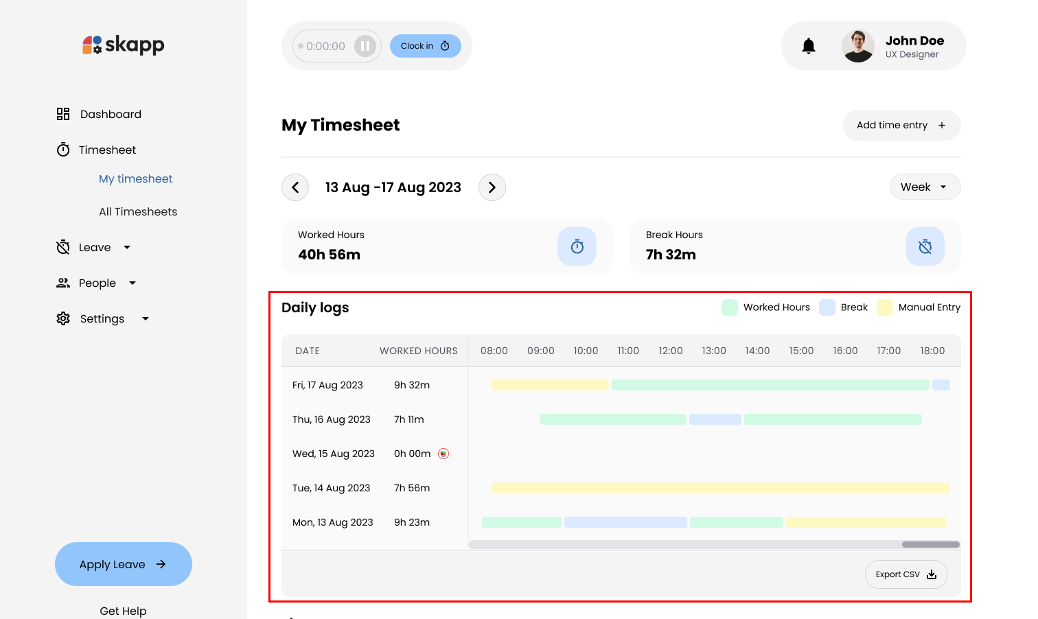 Daily Log with Activity Bars