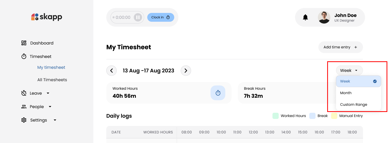 Date filter options on My Timesheet page