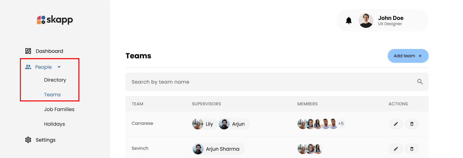 Teams Page Navigation