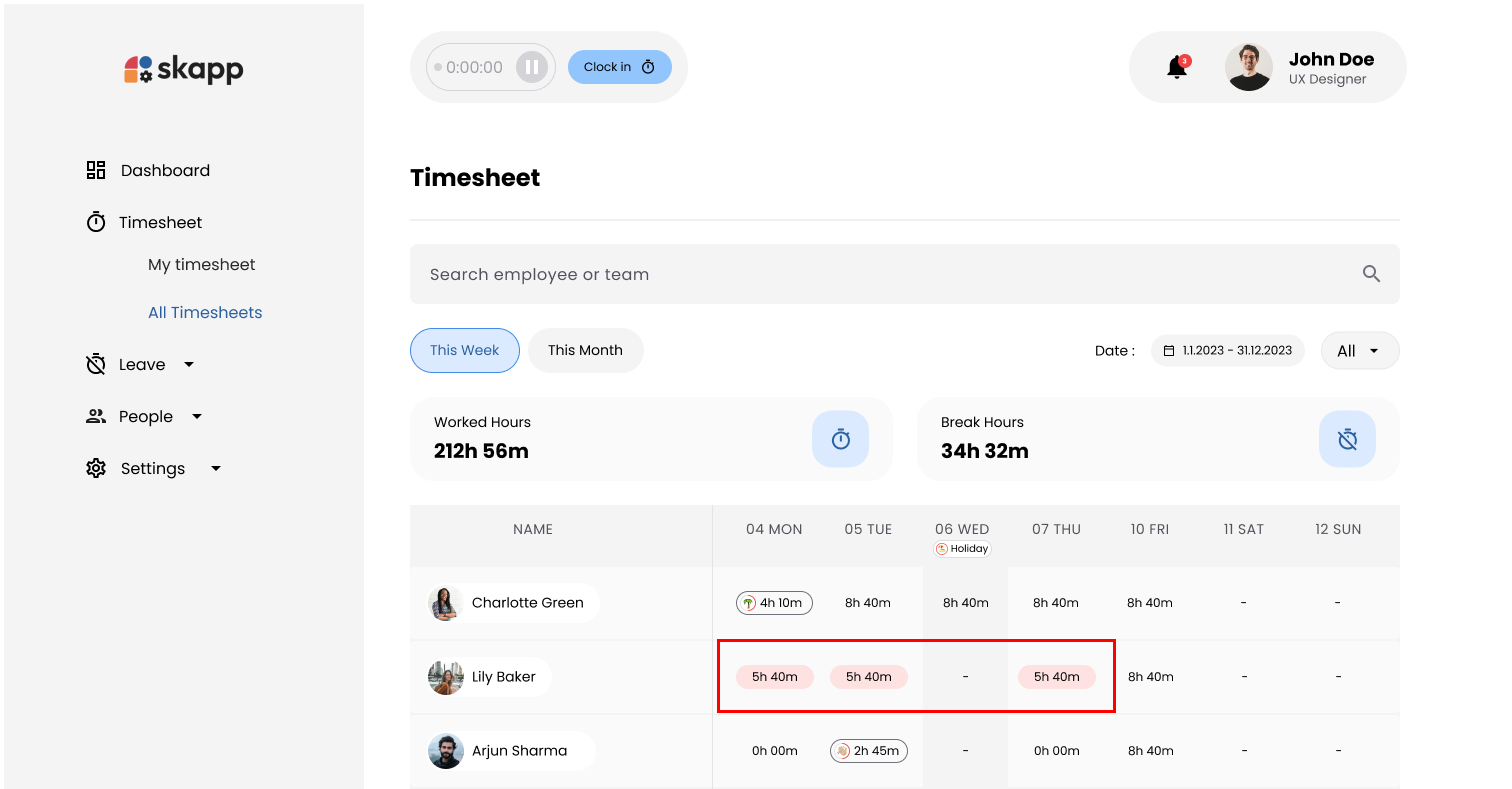 Examples of Worked Hours with icons and color indicators